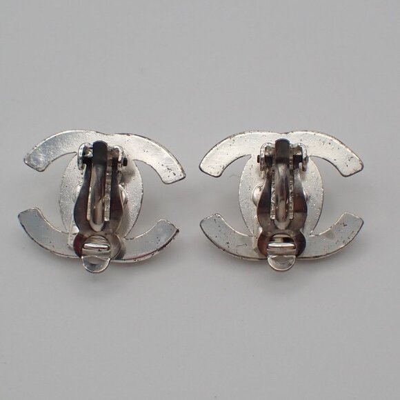 CHANEL CC Logo Earrings Clip-On 96A Silver Accessory France Vintage - Picture 5 of 10
